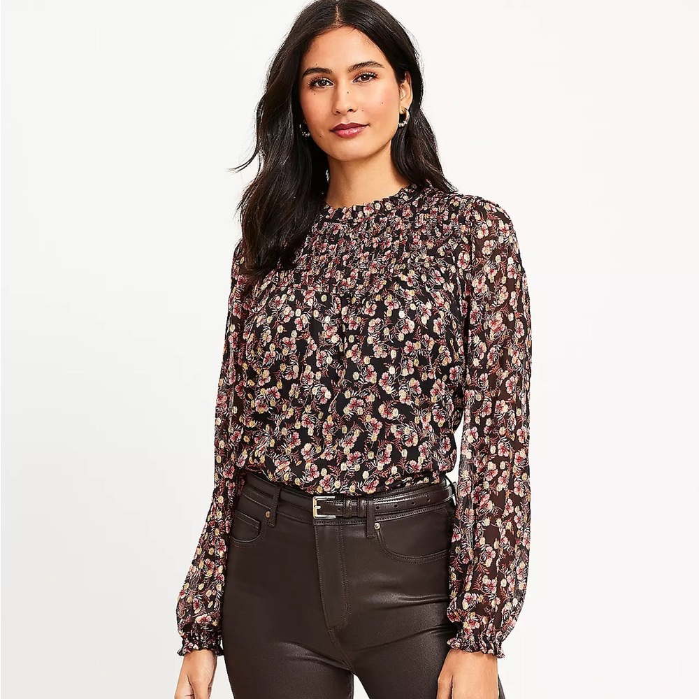 LOFT Shimmer Vine Pleated Yoke Blouse